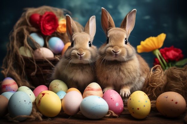 Reales conejos de Pascua lindos con coloridos huevos de Pascua y flores