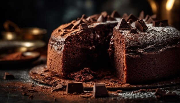 Rebanada de brownie de chocolate negro con glaseado de chocolate generado por IA