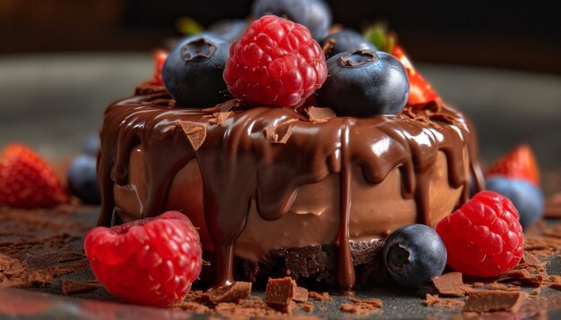 Rebanada indulgente de pastel de frambuesa y chocolate amargo generado por IA