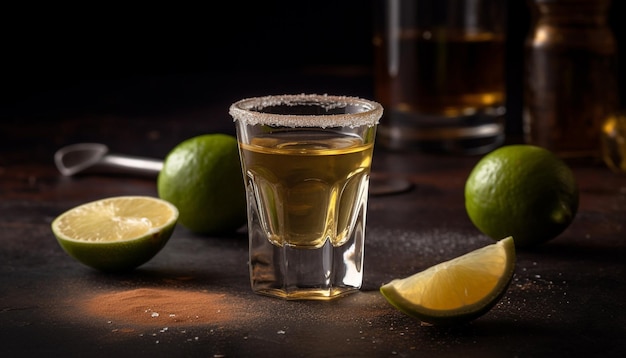 Una rebanada de lima fresca en un vaso de tequila refrescante bebida de verano generada por inteligencia artificial