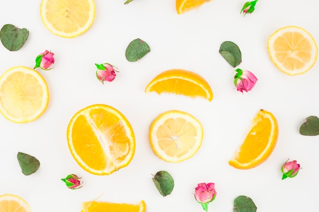 Rebanada de naranjas; hojas y capullos de rosa rosa sobre fondo blanco