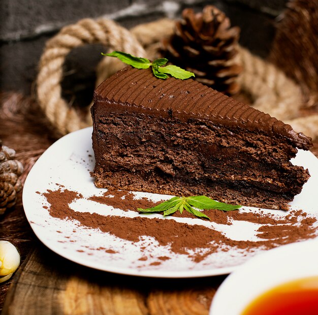 Rebanada de pastel de chocolate y cacao servido con hojas de menta