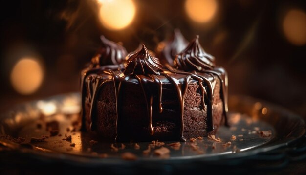 Rebanada de pastel de chocolate negro con glaseado de dulce de azúcar derretido generado por IA