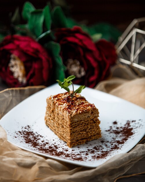 Una rebanada de pastel de medovik con hojas de menta.