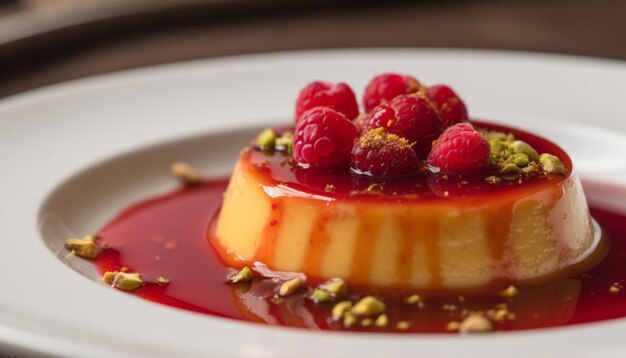 Rebanada de pastel de queso con bayas dulces en un elegante plato de vajilla IA generativa