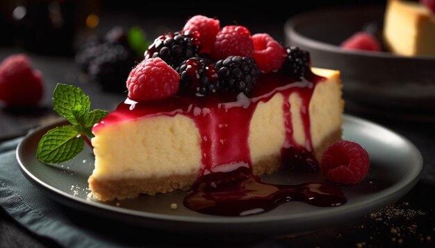 Rebanada de pastel de queso con bayas dulces con indulgencia de crema batida generada por IA