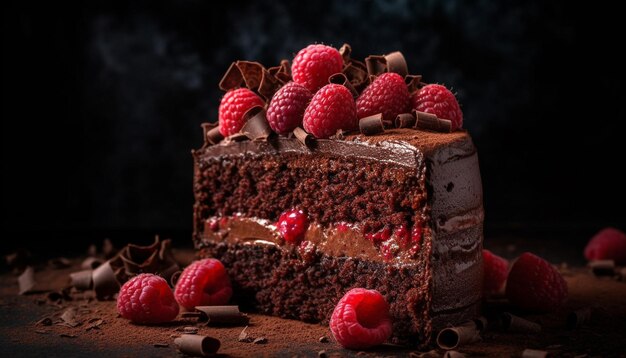 Rebanada de pastel de queso con frambuesa y chocolate indulgente en una mesa rústica generada por IA