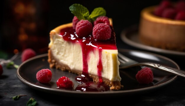 Rebanada de pastel de queso indulgente con IA generativa de decoración de bayas frescas