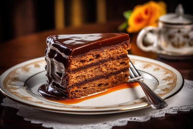 Rebanada de pastel Sacher de chocolate con mermelada de albaricoque sobre mesa de madera Postre tradicional austriaco Ai generativo