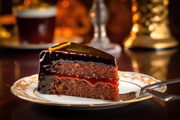 Rebanada de pastel Sacher de chocolate con mermelada de albaricoque sobre mesa de madera Postre tradicional austriaco Ai generativo