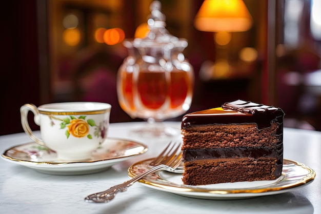 Rebanada de pastel Sacher con mermelada de albaricoque sobre mesa de madera Postre tradicional austriaco Ai generativo