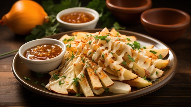 Foto gratuita rebanadas de jicama crujientes servidas con salsa y miel