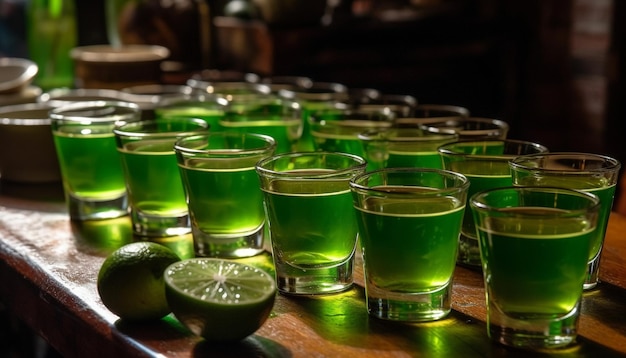 Foto gratuita las rebanadas de lima fresca adornan la fila de copas de tequila generadas por inteligencia artificial