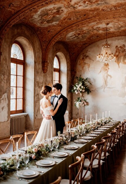 Recepción romántica de boda con una pareja