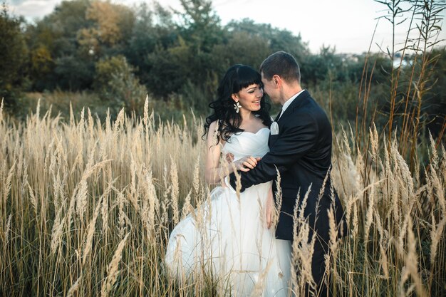 Recién casados divirtiéndose en el campo