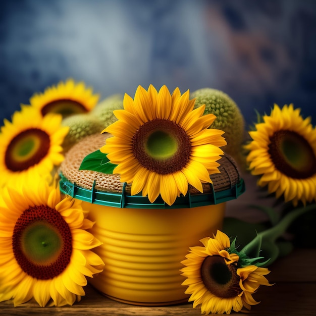 Un recipiente amarillo con girasoles y un ramo de flores a un lado.