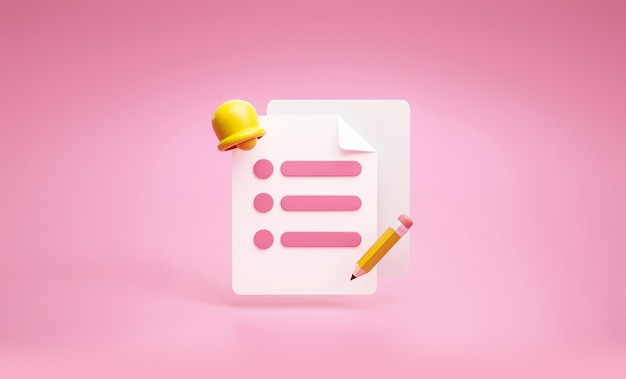 Recordatorio horario lista de verificación fecha límite icono y símbolo planificador concepto sobre fondo rosa representación 3D