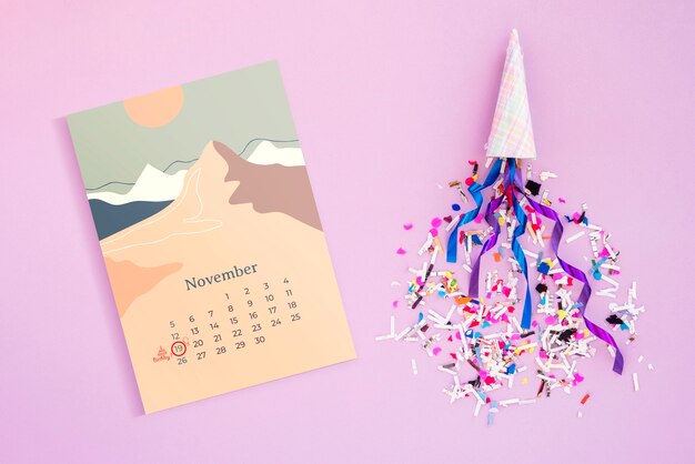 Recordatorios de cumpleaños en calendario y confeti.