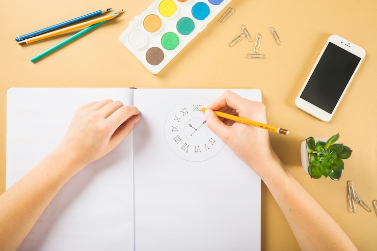 Foto gratuito recortar manos dibujo reloj en el cuaderno
