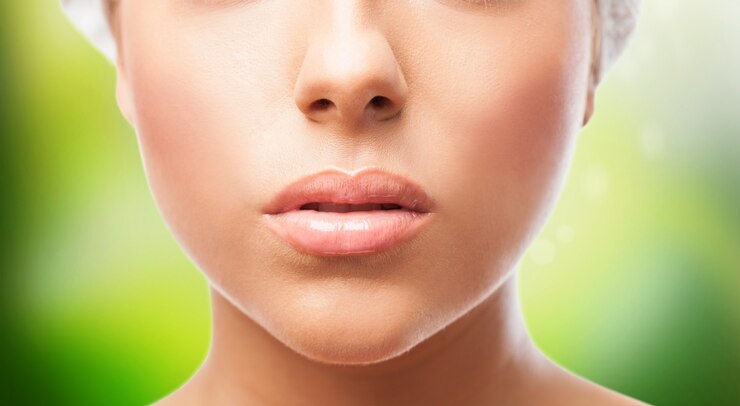 Foto gratuito recorte de labios femeninos en el fondo verde.