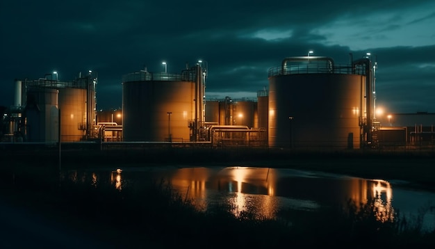 Refinería de combustible iluminada de noche con oleoductos generados por IA
