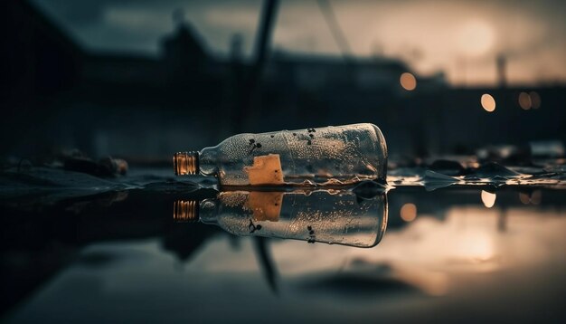Reflejo de botella de vidrio en agua azul al atardecer generado por IA