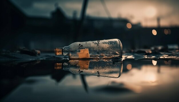 Foto gratuita reflejo de botella de vidrio en agua azul al atardecer generado por ia