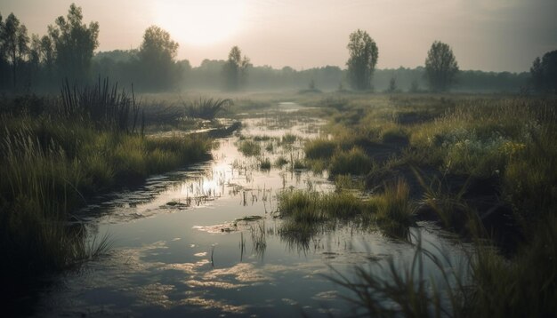 Reflejo de escena tranquila en un estanque rodeado de naturaleza generado por IA