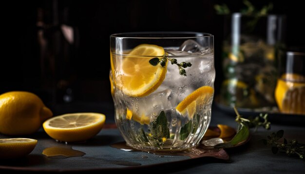 Refrescante cóctel de limón con hielo y rodaja de cítricos generado por IA