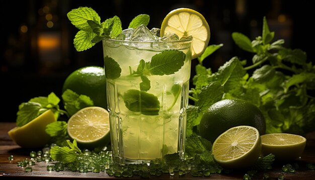 Refrescante cóctel mojito con hojas de lima, menta y cítricos generado por inteligencia artificial