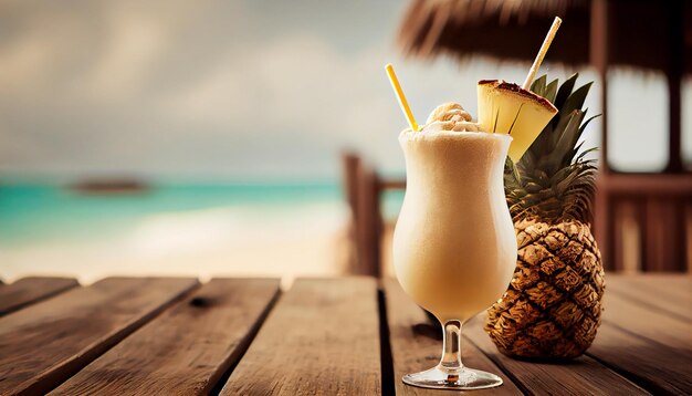 Un refrescante cóctel tropical sobre una mesa de madera generado por IA