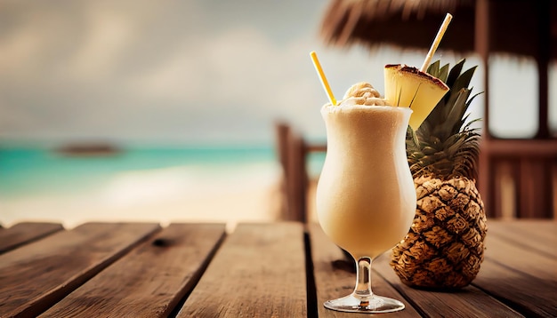 Un refrescante cóctel tropical sobre una mesa de madera generado por IA