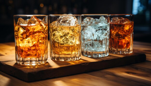 Refrescante cóctel de whisky servido sobre hielo en un bar rústico generado por inteligencia artificial