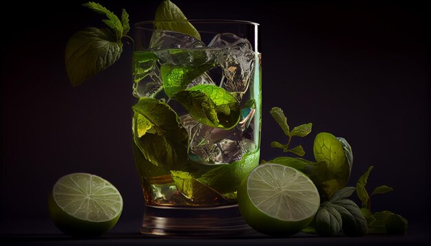 Refrescante mojito con lima y hojas de menta IA generativa