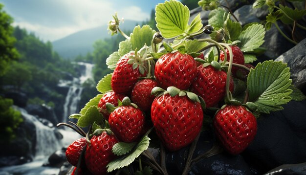 Refrescante postre de verano, fresa madura, frambuesa dulce y baya orgánica generada por inteligencia artificial