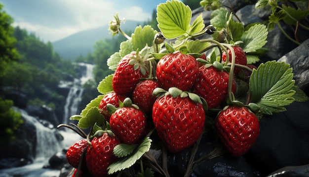 Refrescante postre de verano, fresa madura, frambuesa dulce y baya orgánica generada por inteligencia artificial