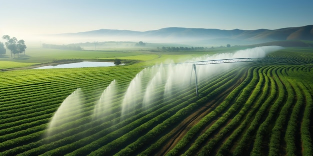 Foto gratuita refresco desde arriba a medida que los rociadores arrojan agua sobre la vegetación geométrica de los campos