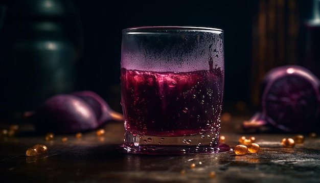 Refresco líquido en mesa de madera generado por IA