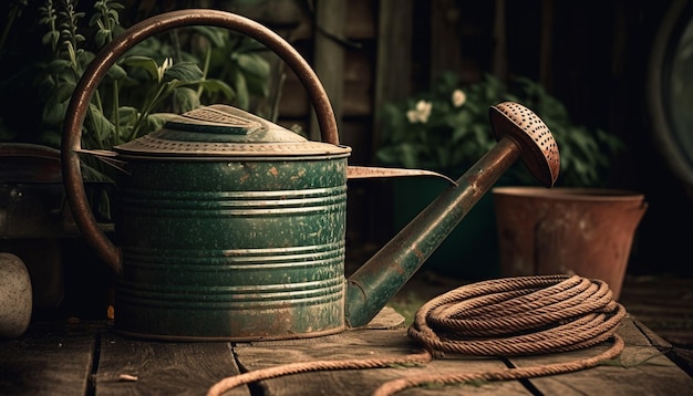 Foto gratuita regadera rústica de acero para jardinería al aire libre generada por ia