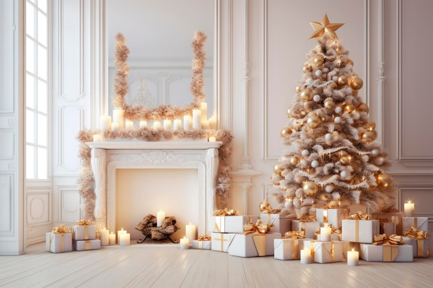 Regalos de chimenea de árbol brillante mágico de Navidad interior sobre suelo de madera blanca
