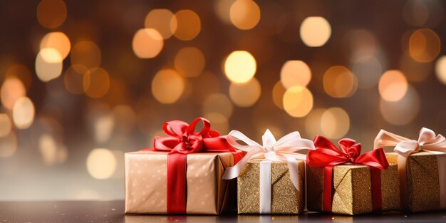 Los regalos de Navidad envueltos en papel brillante junto a las poinsettias festivas establecen una escena navideña