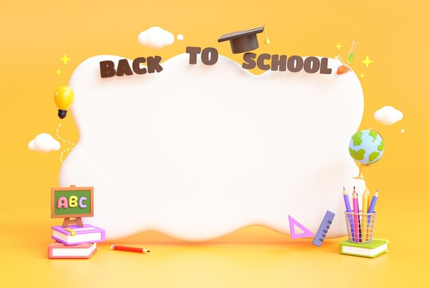 Regreso a la escuela papelería educación elemento banner vacío dibujos animados sobre fondo amarillo ilustración 3d