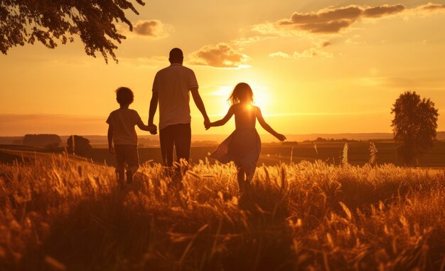 Relación afectuosa de la familia en un campo durante la puesta de sol