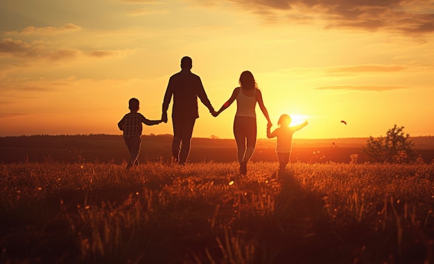 Relación afectuosa de la familia en un campo durante la puesta de sol