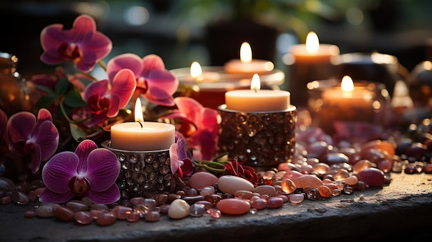 Foto gratuita relajante ambiente de spa con velas de flores y mesa de masaje de piedras en el fondo