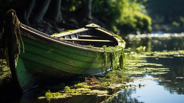 Una reliquia marítima el viejo barco muestra su conexión con el mar con exuberantes algas verdes