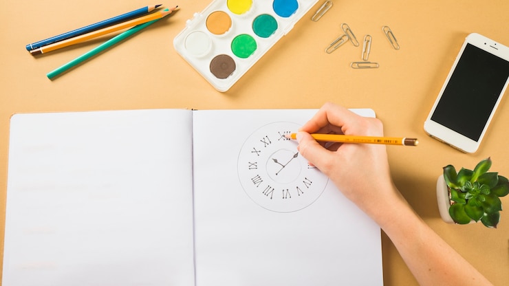 Foto gratuito reloj de dibujo de la mano de cultivo en bloc de notas