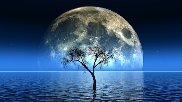 Render 3D de un árbol muerto en el mar con la luna en el cielo