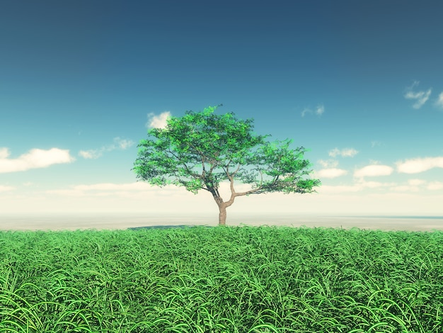 Foto gratuita render 3d de un árbol en un paisaje soleado