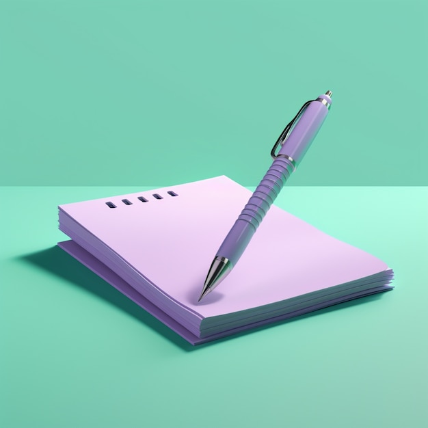 Render 3D de bolígrafo con cuaderno